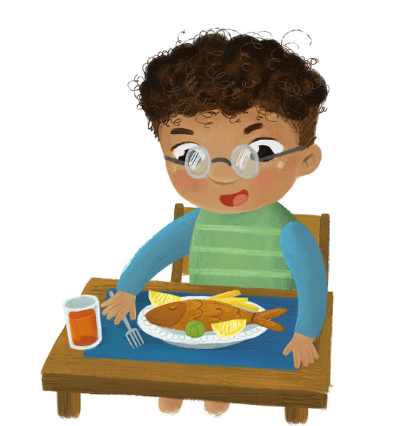 cartoon scene with boy eating healthy dinner illustration - Fotografie, Obrázek
