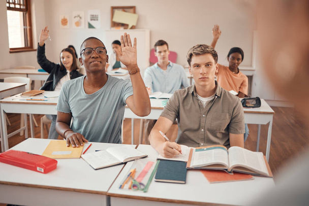 Classroom, knowledge question and students hands with exam learning problem, education fail or language teacher assessment. Hand sign, school and youth or teenager group in teaching course for a test. - Foto, Imagem