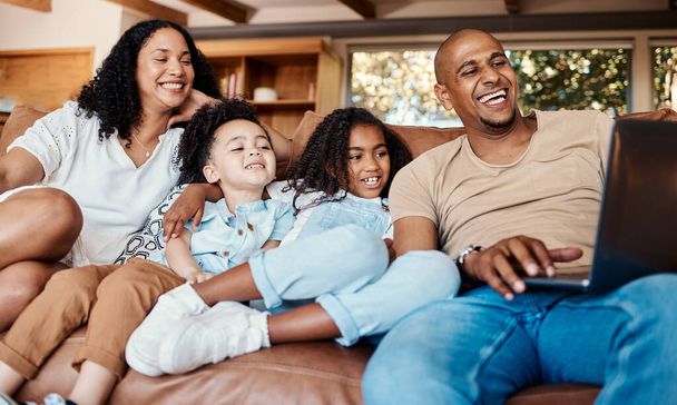 Laptop, happy family and kids with online video, movies or cartoon on couch on live streaming service, learning or bonding. Biracial mom, father and children watch film or show on computer and sofa. - 写真・画像