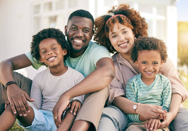 Portrait, love and black family outdoor, quality time and happiness with joy, cheerful and bonding together. Face, parents and mother with father, children or kids with smile, relax or loving outside. - Foto, Imagen