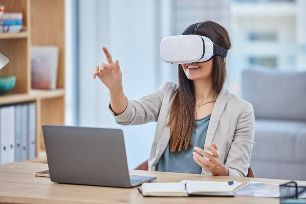 Vr, virtual reality and business woman in metaverse with digital technology in office. 3d, ai and happy female entrepreneur with futuristic headset for gaming, internet browsing or fantasy simulation. - Photo, image