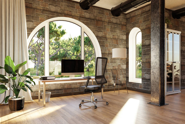 comfortable workplace with pc workstation standing in front of large arched windows; landscape view; sunlight shines through window; remote work freelance concept; 3D Illustration - Foto, Bild