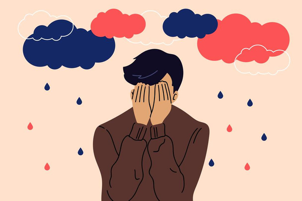 Sad, unhappy young man under dark clouds and rain. Psychology, depression, bad mood. Vector illustration in cartoon flat style. - Διάνυσμα, εικόνα