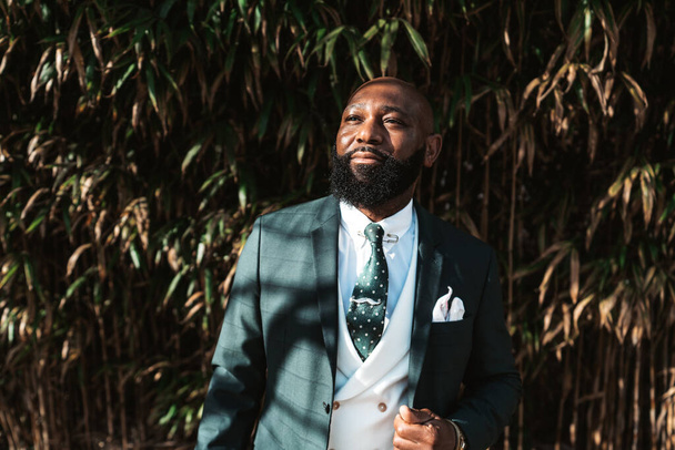 A portrait of a confident black businessman, dressed in a tailored suit, a white vest, a playful polka dot tie, and a white neckerchief. In the background a natural green yellow leafy scene - Photo, Image