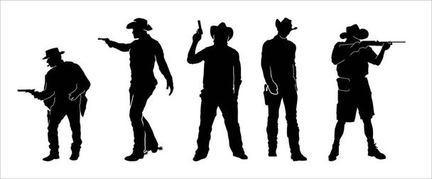 Silhouetten collectie van mannelijk model dragen cowboy kostuum in actie poseren met de hand pistool of vuurwapen.  - Vector, afbeelding
