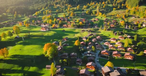 Вид с воздуха на красивую швейцарскую природу и деревню в Швейцарии, известный швейцарский туристический курорт. - Кадры, видео