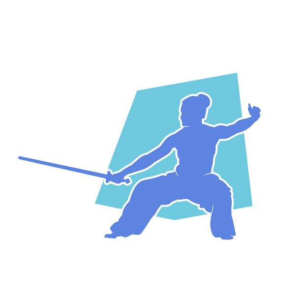 Silhouette einer Kampfsportlerin in Action-Pose mit Schwertwaffe. Silhouette einer Schwertklinge oder Bewegung einer Samuraiklinge durch einen Kampfkunstpraktiker. - Vektor, Bild