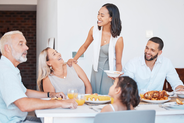 Happy family, eating lunch food and dinner table meal, social gathering or family lunch in dining room together. Smile, happiness and meal celebration, brunch and quality time to enjoy in family home. - Foto, Imagem