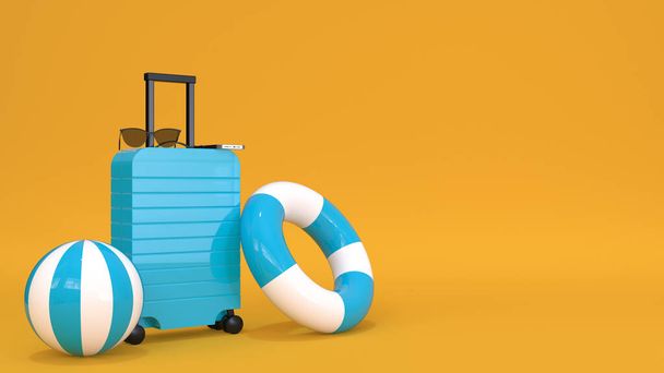 Colorful suitcase or baggage with beach accessories on yellow background. 3D render of summer vacation concept and holidays - Foto, afbeelding