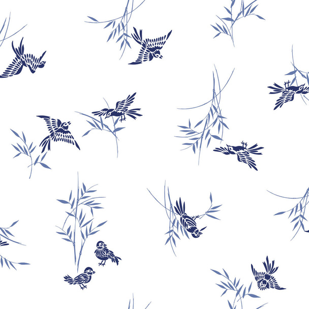 Japanese sparrow and bamboo seamless pattern, - Vector, Image