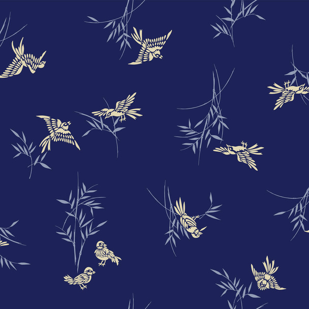 Japanese sparrow and bamboo seamless pattern, - Вектор,изображение