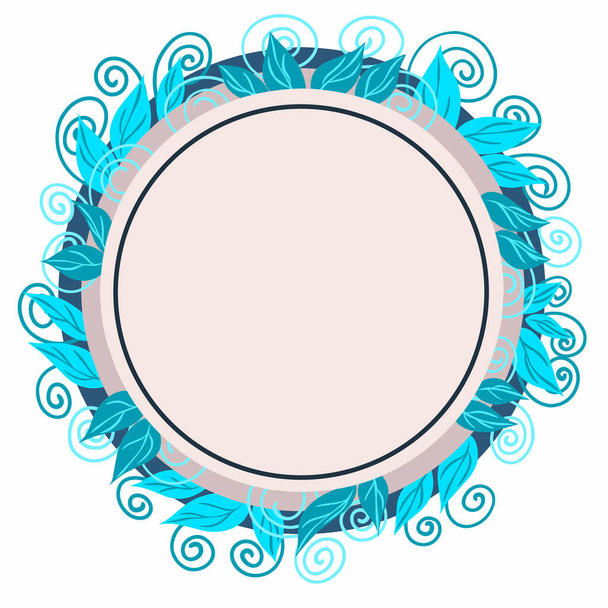 Круглый бежевый шаблон с голубыми листьями и круглое место для текста. Векторная иллюстрация - Вектор,изображение