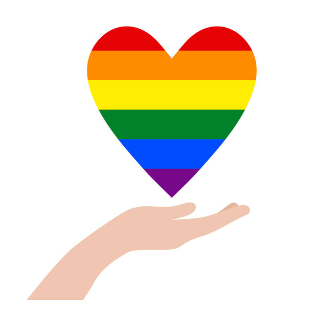 Rainbow LGBT heart above the open palm of the hand. Pride Month symbol. Vector illustration - Vetor, Imagem