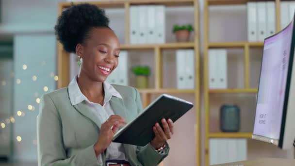 Black woman, tablet and smile for social media business, communication or digital marketing at office. Happy African female employee smiling with touchscreen for design, project plan or communication. - Footage, Video