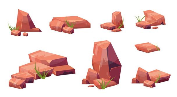 Cartoon stones collection isolated on white. Pieces of mountain rock and desert stones vector illustration - Vektör, Görsel