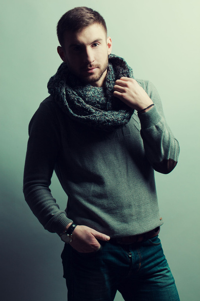 Fashion portrait of handsome young man in trendy casual sweater, - Φωτογραφία, εικόνα
