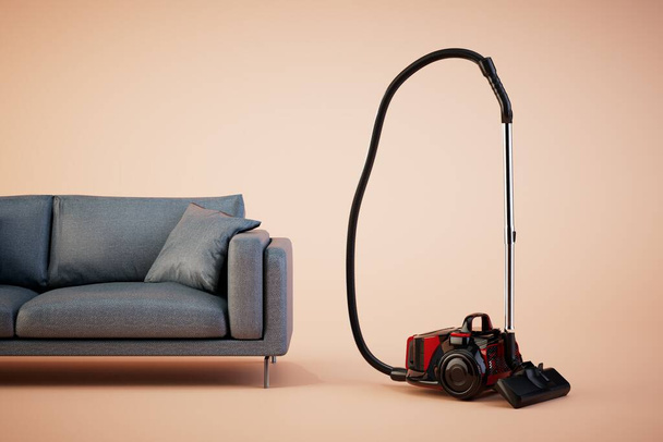 cleaning in the living room. a sofa next to which is a vacuum cleaner on a pastel background. 3D render. - Photo, image