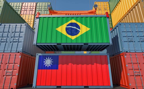 Cargo containers with Taiwan and Brazil national flags. 3D Rendering  - Zdjęcie, obraz