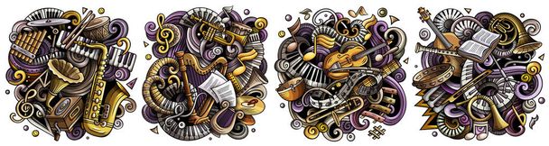 música clássica desenhos animados doodle set. Composições detalhadas coloridas com muitos objetos musicais e símbolos.  - Foto, Imagem