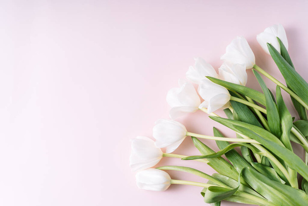 Bouquet of white tulips on a pink background. - Fotografie, Obrázek