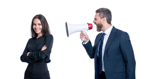 angry businesspeople arguing with loudspeaker isolated on white. businesspeople arguing with loudspeaker in studio. businesspeople arguing with loudspeaker. photo of businesspeople arguing - Photo, Image