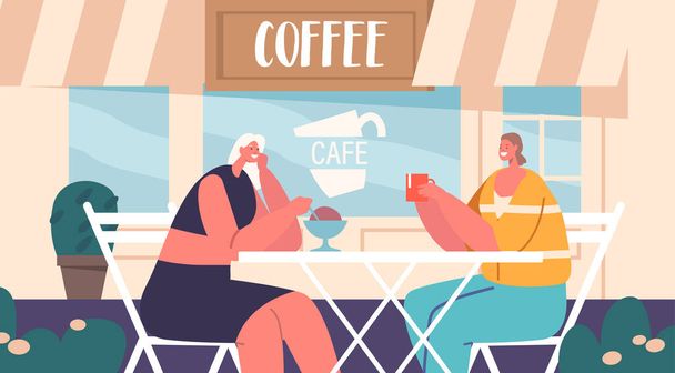 Ženy Přátelé Pár Rozhovor a Smějte se při vychutnávání kávy a občerstvení v pulzující Street Cafe. Ženské postavy v Živé atmosféře s barevnou fasádou budovy. Vektorová ilustrace kreslených osob - Vektor, obrázek