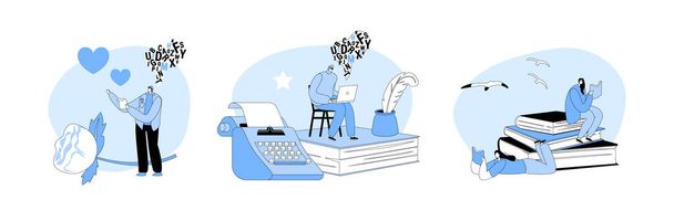 Set Literature Writing and Reading Hobby, Author Occupation. Tiny Characters With Huge Feather Pen, Books and Typewriter Create Poetry Or Narration, Reading Poems. Cartoon People Vector Illustration - Vector, Image