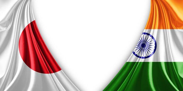 Флаг Японии и индийский флаг из шелка и белого фона - 3d иллюстрация - Фото, изображение
