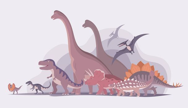恐竜のグループ。Tレックス、ブラチオサウルス、ペタノドン、ステゴサウルス、トリケラトプス。ジュラ紀。子供のおもちゃ、アトラクション、エンターテイメントパーク。漫画ベクトルイラスト - ベクター画像