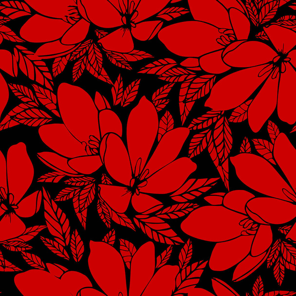 asymmetrical seamless floral red outline pattern on black background, design, background - Вектор, зображення