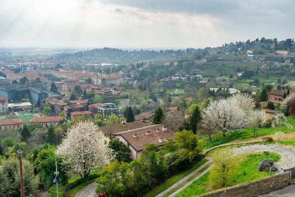 Scenic view of Bergamo city northeast of Milan. Citta Alta, town's upper district, known by cobblestone streets and encircled by Venetian walls. Bergamo, Lombardy, Italy. - Photo, Image