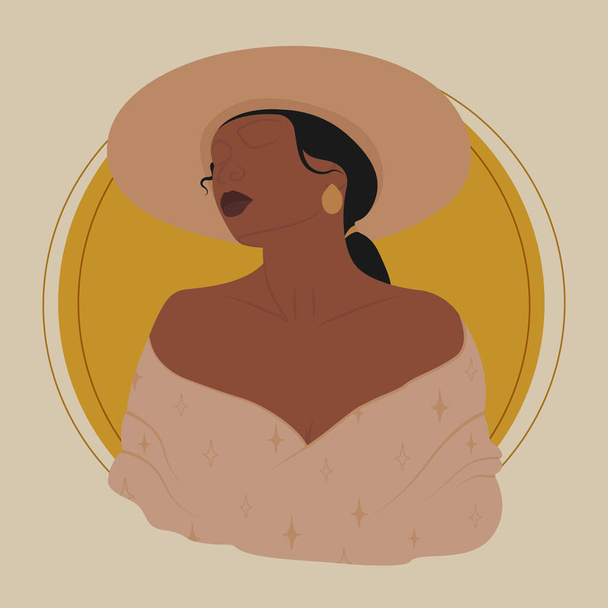 Ritratto di giovane donna africana in cappello poster illustrazione. Illustrazione vettoriale in stile piatto. Ragazza e sole su sfondo quadrato carta. Illustrazione vettoriale - Vettoriali, immagini