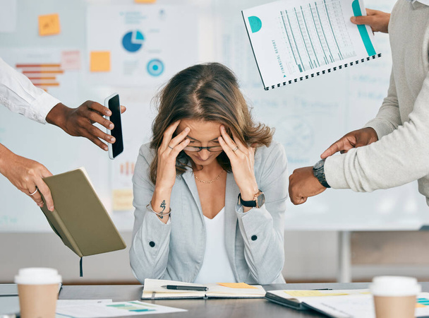 Stress, headache and business woman with burnout, overworked and overwhelmed with deadline from boss. Mental health, depression and multitasking female employee tired, sad and exhausted in office - Φωτογραφία, εικόνα