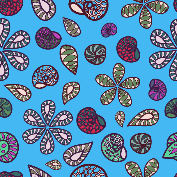 Seashells and floral pattern, seamless wallpaper. Textile texture for printing. - Vector, Image