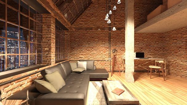 3D rendering of the living room with night view - Foto, immagini