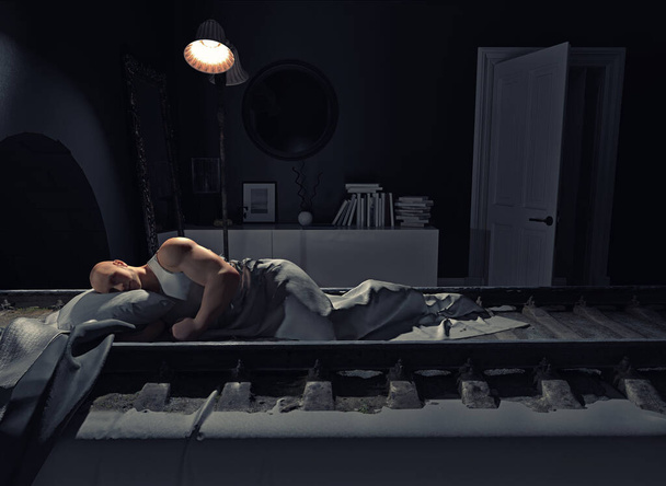 Yatak odasındaki yatak, demiryolu gibi. Yaratıcı 3D konsept çizimi - Fotoğraf, Görsel