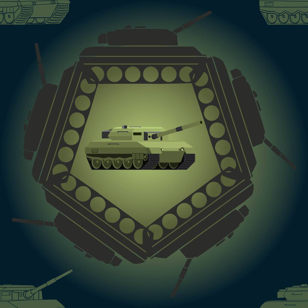 Безшовний зразок з військовим танком. Абстрактна емблема. Зелені знаки. Тло з бойовою машиною. Барвисті ілюстрації ізольовані на сірому фоні
. - Фото, зображення