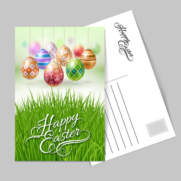 Открытка-шаблон с висячими пасхальными яйцами с различными орнаментами для празднования праздничного сезона - Вектор,изображение