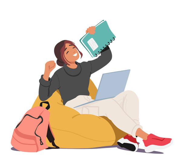 Tired Student Girl Character Sitting With Her Laptop And Books, Caught Mid-yawn. Educational Or E-learning Process, Online Education, Preparation to Exam. Cartoon People Vector Illustration - Vector, Image