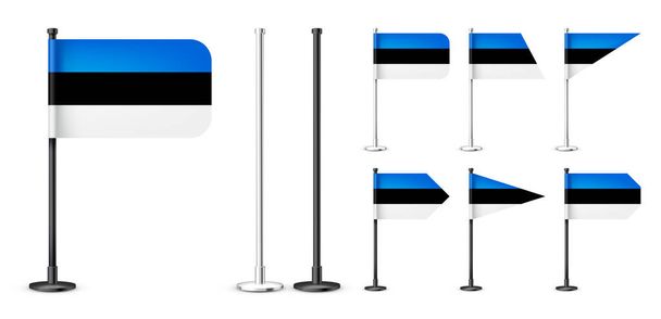 Realistic various Estonian table flags on a black steel pole. Souvenir from Estonia. Desk flag made of paper or fabric, shiny metal stand. Mockup for promotion and advertising. Vector illustration. - Vecteur, image