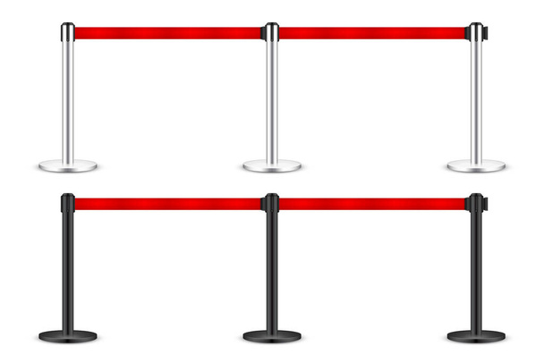 Realistic red retractable belt stanchion. Crowd control barrier posts with caution strap. Queue lines. Restriction border and danger tape. Attention, warning sign. Vector illustration. - Vector, Imagen