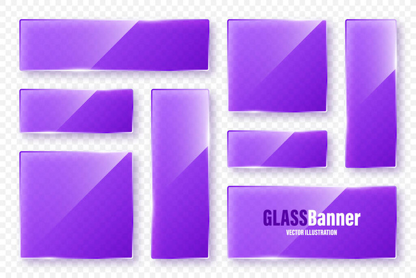 Realistische glazen frames collectie. Violet transparante glazen spandoeken met flares en highlights. Glanzende acrylplaat, element met lichtreflectie en plaats voor tekst. Vectorillustratie. - Vector, afbeelding