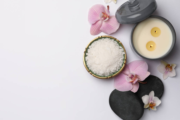 Flat lay composition with different spa products on white background. Space for text - 写真・画像
