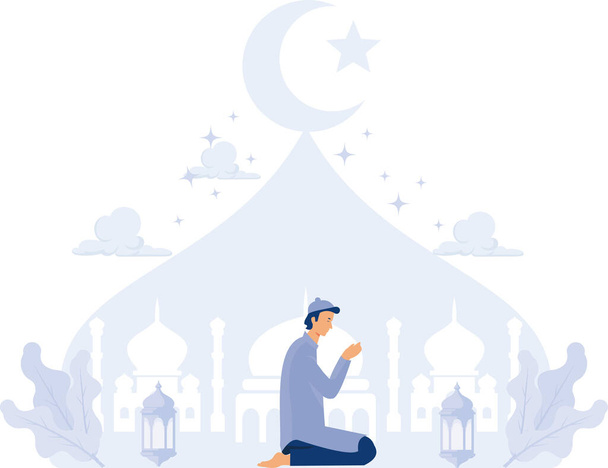 イスラム教徒の祈りのイラスト、ラマダーンのカレームのグリーティングポストカード、フラットベクトル現代のイラスト - ベクター画像