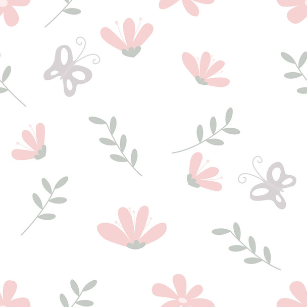 Nahtloses Muster mit rosa Blumen und Schmetterlingen auf weißem Hintergrund. - Vektor, Bild