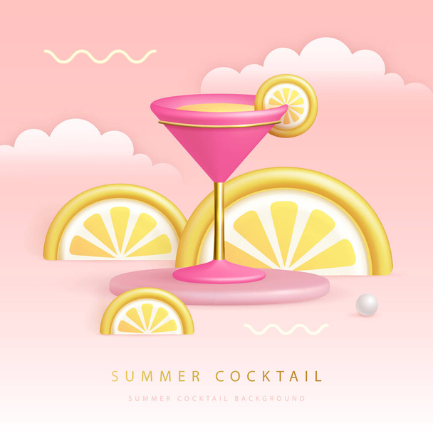 Summer cocktail  party poster with 3D plastic cosmopolitan cocktail and tropic fruits. Vector illustration - Vektori, kuva