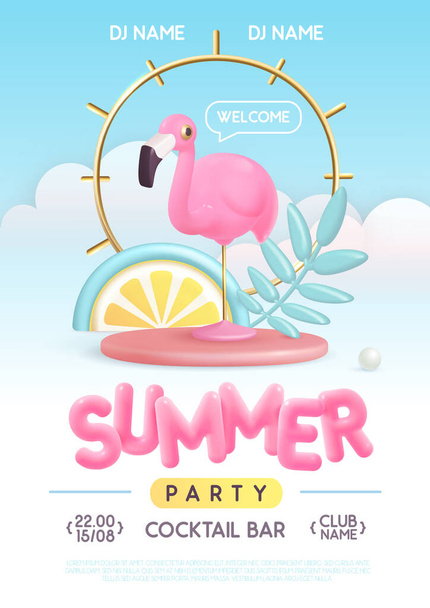 Summer disco party typography poster with 3D plastic text, flamingo and tropic leaves. Vector illustration - Διάνυσμα, εικόνα