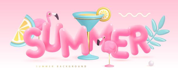 Summer cocktail disco party typography poster with 3D plastic text, cocktail, tropic leaves and flamingo. Vector illustration - Vektori, kuva