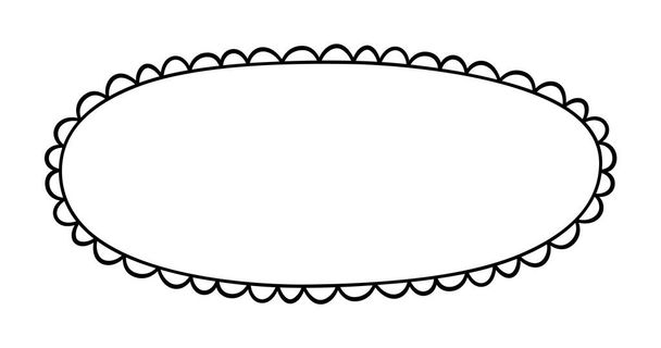 Doodle cerchio ovale telaio smerlato. Forma ellittica del bordo smerlato disegnata a mano. Forma semplice etichetta rotonda. Cornice in pizzo silhouette fiore. Illustrazione vettoriale isolata su sfondo bianco. - Vettoriali, immagini