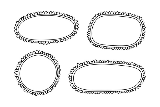 Doodle circle and square scalloped frames. Hand drawn scalloped edge rectangle and ellipse shapes. Simple label form. Flower silhouette lace frame. Vector illustration isolated on white background. - ベクター画像